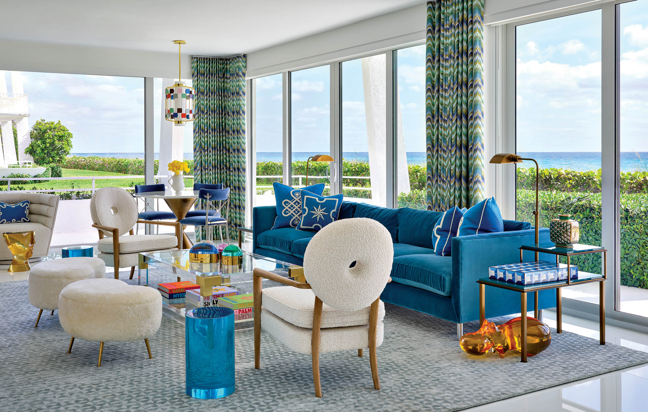 blue white and yellow living space by jonathan adler in palm beach