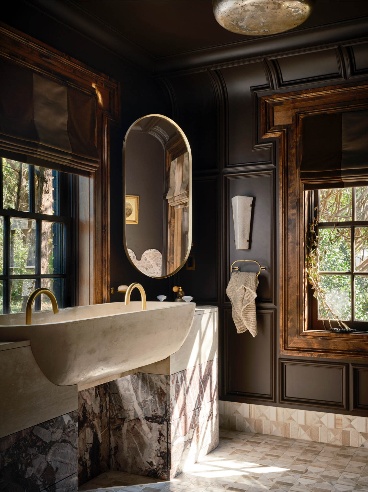 rich brown walls in a luxurious bathroom