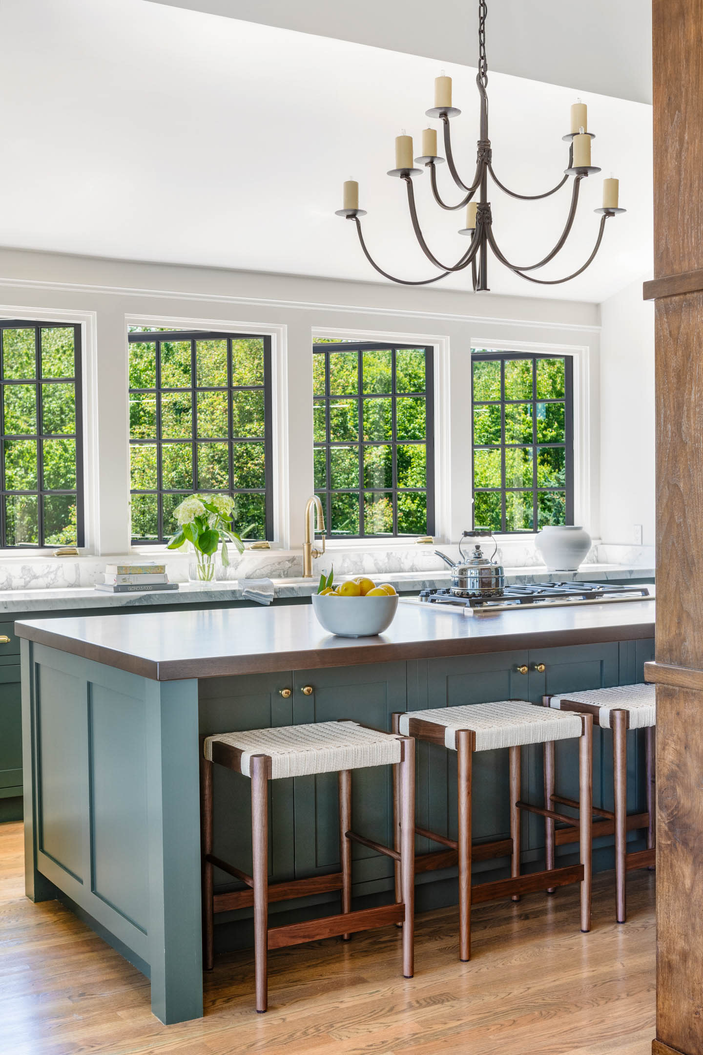 bright and airy kitchen with green island